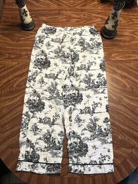 Women’s M Linen Blend Pull On Toile Pants White Black French Country Cottagecore